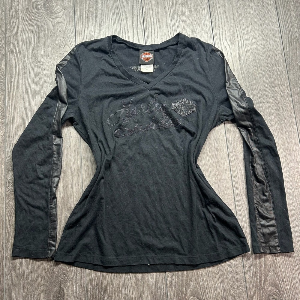 Harley-Davidson Womens Black V-Neck Large Long Sleeve Beaded Faux Leather Top
